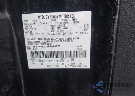 2008 Ford F-150 60Th Anniversary/Fx2/King Ranch/Lariat/Xlt из США, поврежденный, VIN 1FTPW12V98FA96876